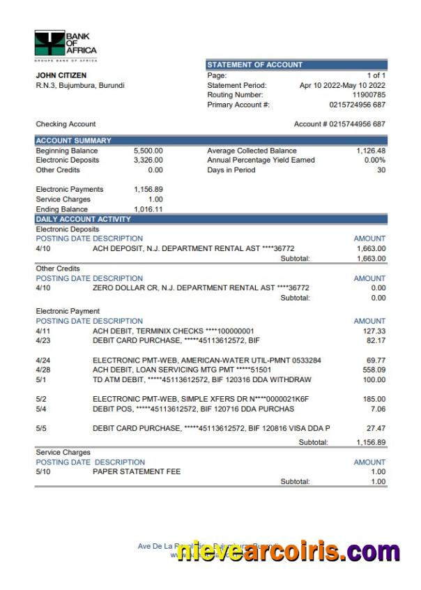 Burundi Bank of Africa bank statement